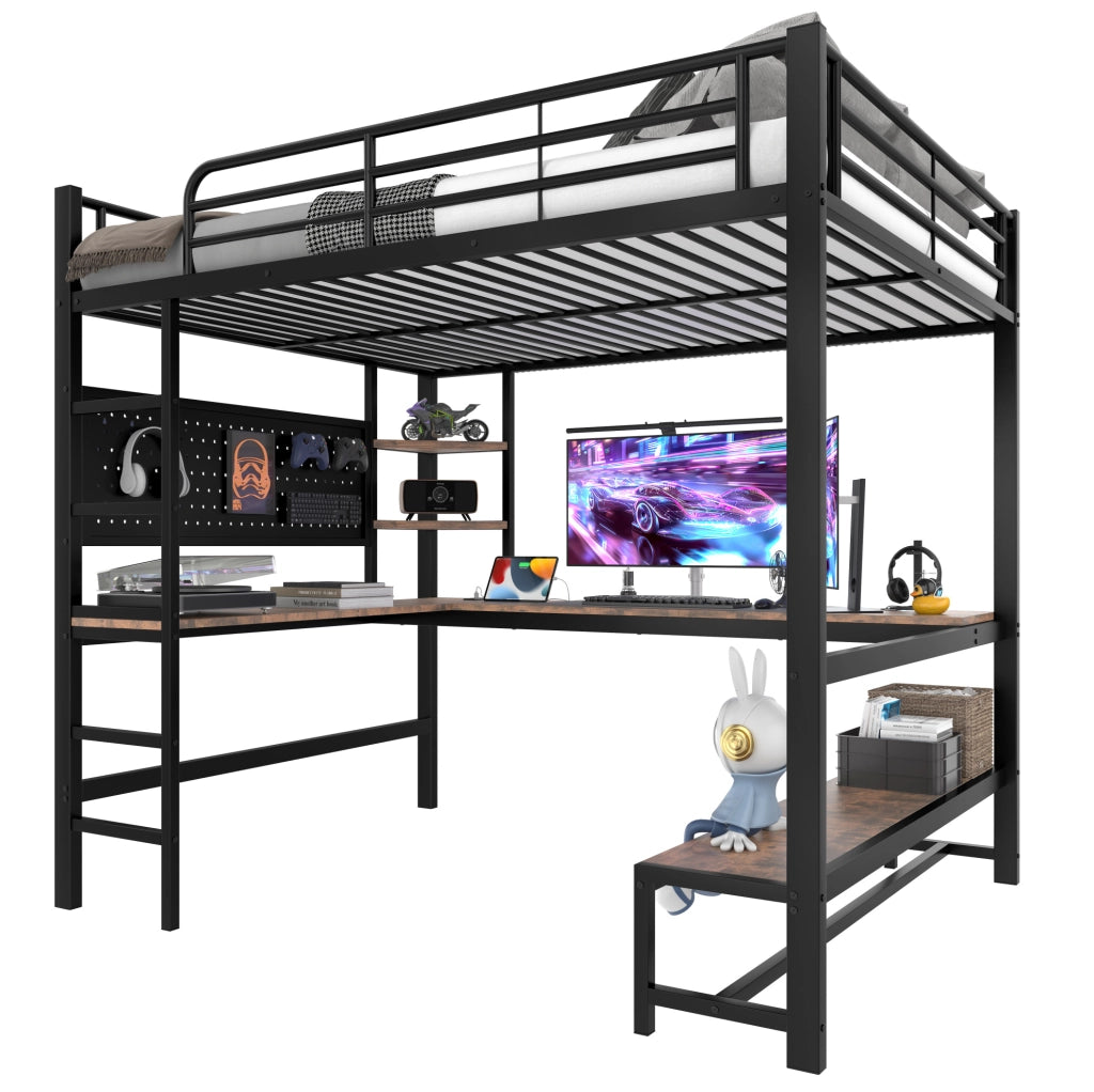 Letto a soppalco 140 x 200 cm nero con scrivania, LED e USB-C