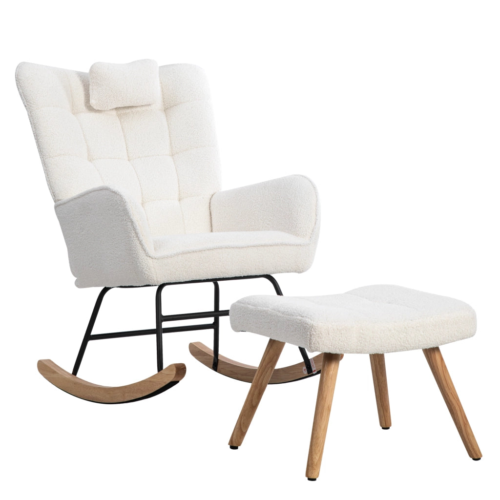 Poltrona a Dondolo Bouclé Bianca H92 cm con Poggiatesta e Pouf 49x38x38 cm