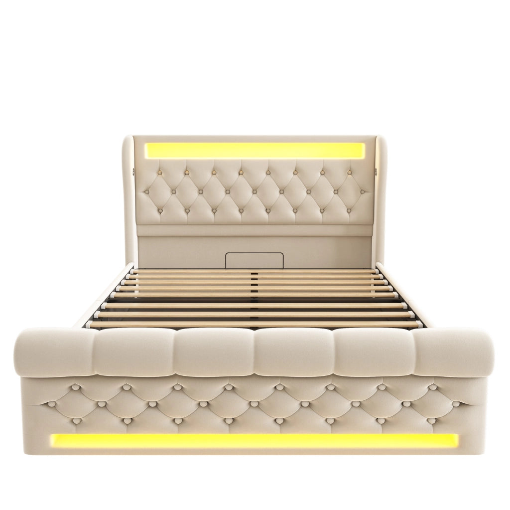 Letto matrimoniale 140x190 cm in velluto beige con LED; contenitore idraulico e ricarica USB Type-C