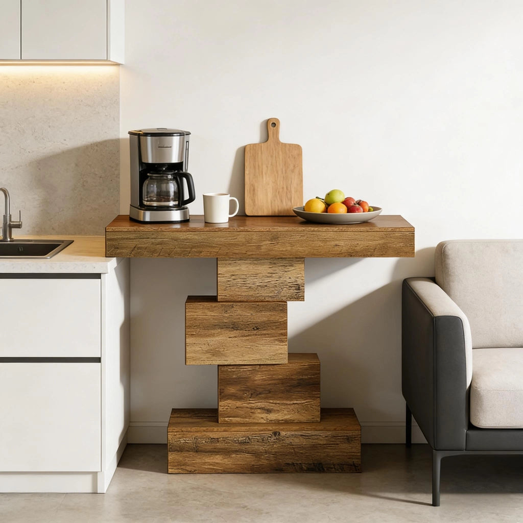 Consolle in legno con struttura geometrica e ripiani a gradini, per ingresso e soggiorno, 108 × 30 × 80 cm