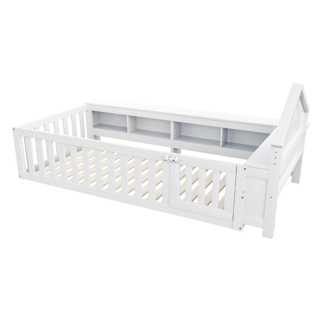 OKWISH Letto Bambino 90×200 cm, Letto Singolo con Contenitori, Spondine di Sicurezza e Porticina, senza Materasso, in Legno, Bianco