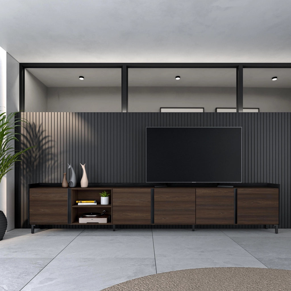 Mobile TV Soggiorno, 309x61x35 cm, Per TV fino a 80", Design industriale, Rovere scuro e Nero
