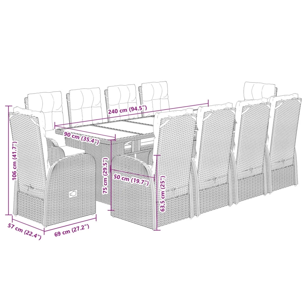 Set da Pranzo da Giardino 11 pz con Cuscini in Polyrattan Nero 3277644