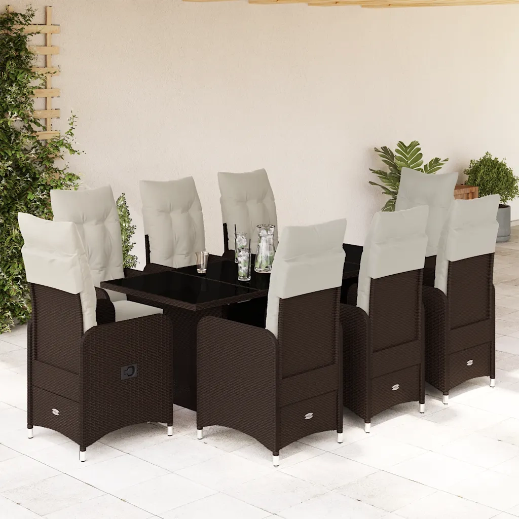 Set BistrÃ² da Giardino 9 pz con Cuscini in Polyrattan Marrone