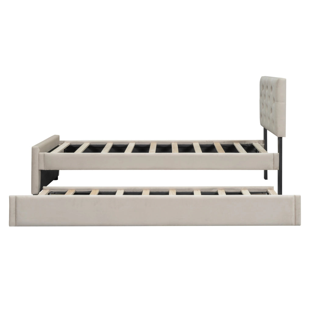 Letto imbottito 90x200 cm con letto estraibile; in velluto beige; testiera con bottoni
