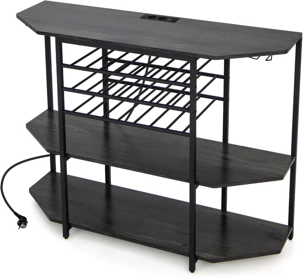 Mobiletto Portabottiglie da Vino a 3 Livelli, con Ripiani di Stoccaggio, Porta Bicchieri, Porta Bottiglie, Prolunghe Elettriche, per Soggiorno Cucina, Bar, 120 x 40 x 92 cm (Grigio Scuro)