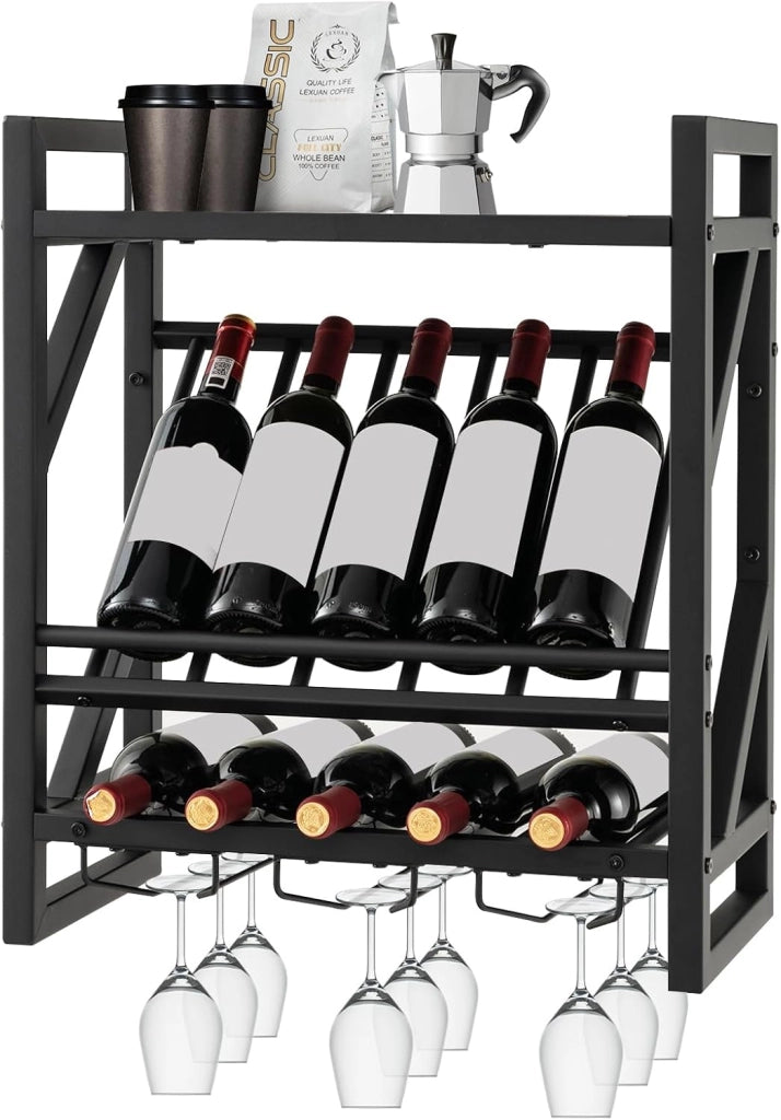 Portabottiglie da parete con portabicchieri da parete, con portabicchieri, per appendere bottiglie, 20 kg di carico per strato, per cucina, cantina, bar (80 x 20 x 63 cm)