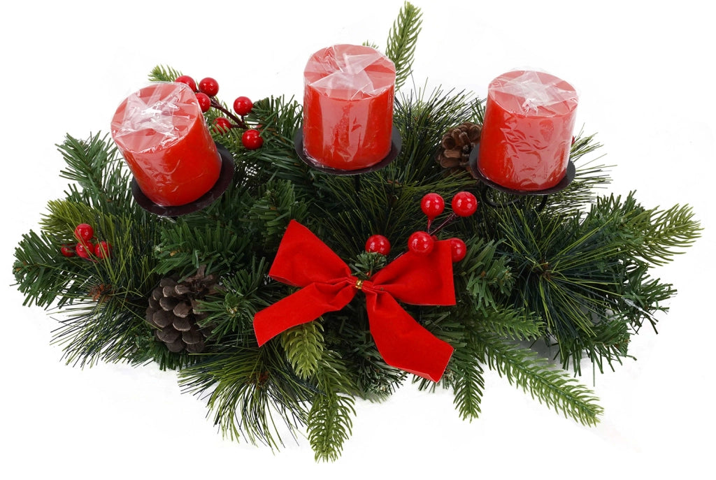 Portacandela 3 Candele con Fiocco Rosso Pigne e  Bacche