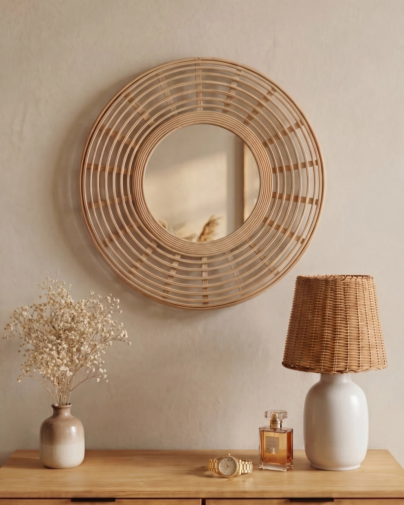 Specchio A Parete Appeso Decorazione Domestica Cornice In Bambù Rustico Design Boho Arredamento Soggiorno Camera Da Letto