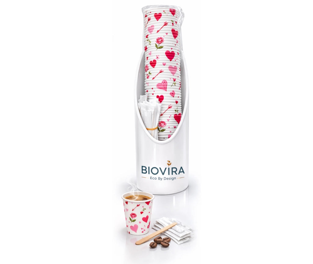 BIOVIRA Kit Angolo Caffè Bianco – Made in Italy | Porta Bicchierini + Bicchierini Cuori + Palette Imbustate