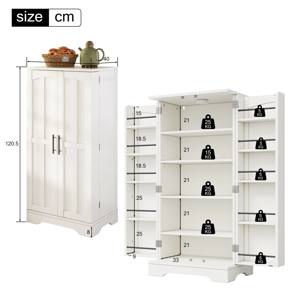 Credenza alta moderna 120x60x40 cm in MDF bianco con luce LED sensore e ripiani regolabili