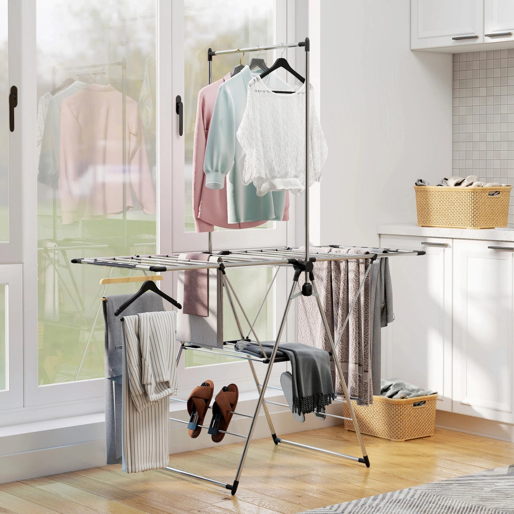 Stendibiancheria pieghevole con ali regolabili e porta scarpe ¨C zephmum ¨C acciaio inox, 156.5x68x192 cm, argento