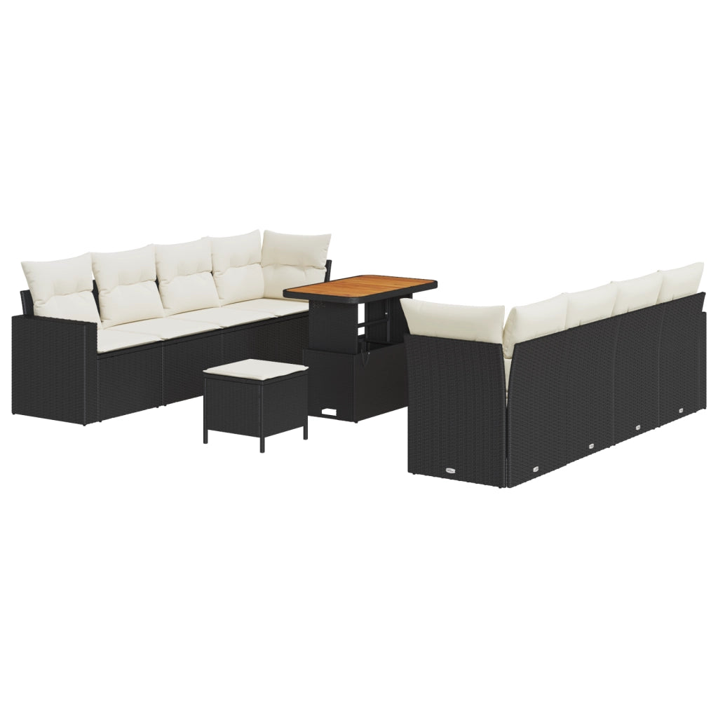 Set di divani da giardino  11 pezzi con cuscini in rattan sintetico nero e acacia