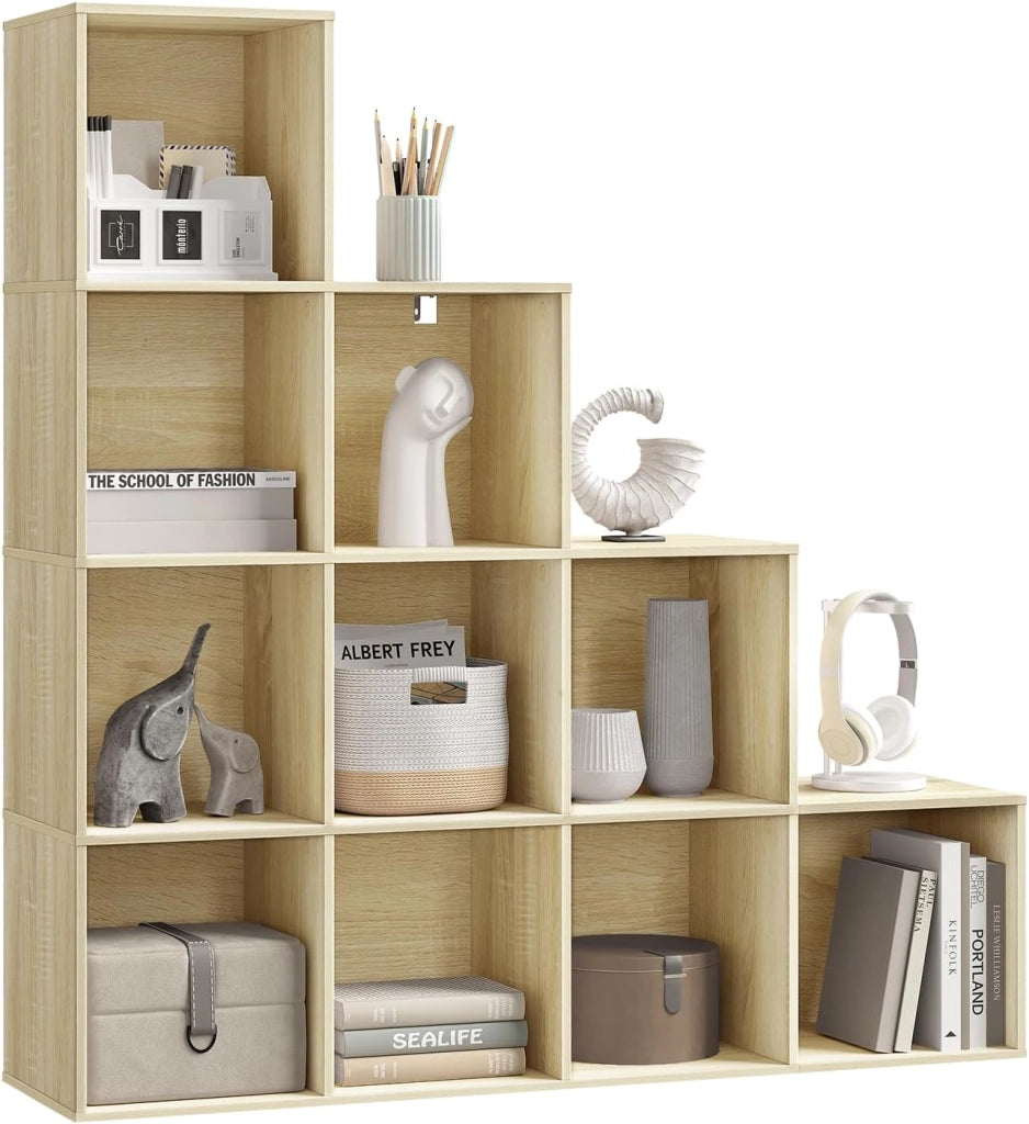 Scaffale per Libri, Scaffale per Scale Con 10 Cubi, Libreria in Legno Ingegnerizzato Rovere Chiaro, per Camera da Letto, Soggiorno, Studio, Ufficio, 120x30x120cm, SK062hei