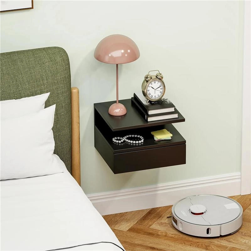 COMODINO SOSPESO PER CAMERA DA LETTO CON CASSETTO E MENSOLA IN LEGNO 35X32X22.5 CM NERO