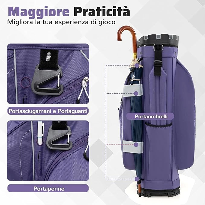 Borsa Carrello da Golf, Sacca da Golf con Serratura e Divisori a 14 Vie, 11 Tasche, Sacca Isolante, Tracolla Imbottita, Maniglie, Porta Ombrello e Cappuccio Antipioggia