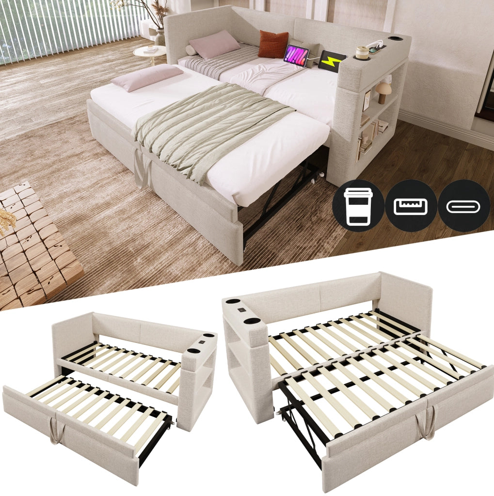 Divano letto con letto estraibile 90x200 cm; cotone e lino beige; USB e Type-C
