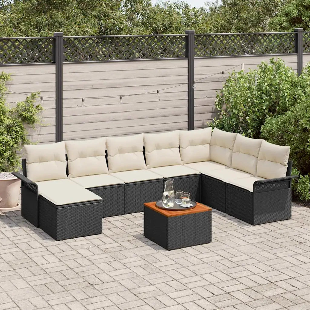 Set Divano da Giardino con cuscino 9 pcs Nero polyrattan
