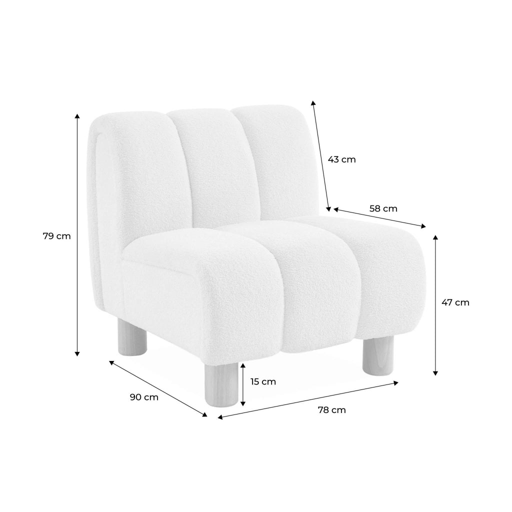 Poltrona relax con gambe rotonde in legno e tessuto bouclé, crema