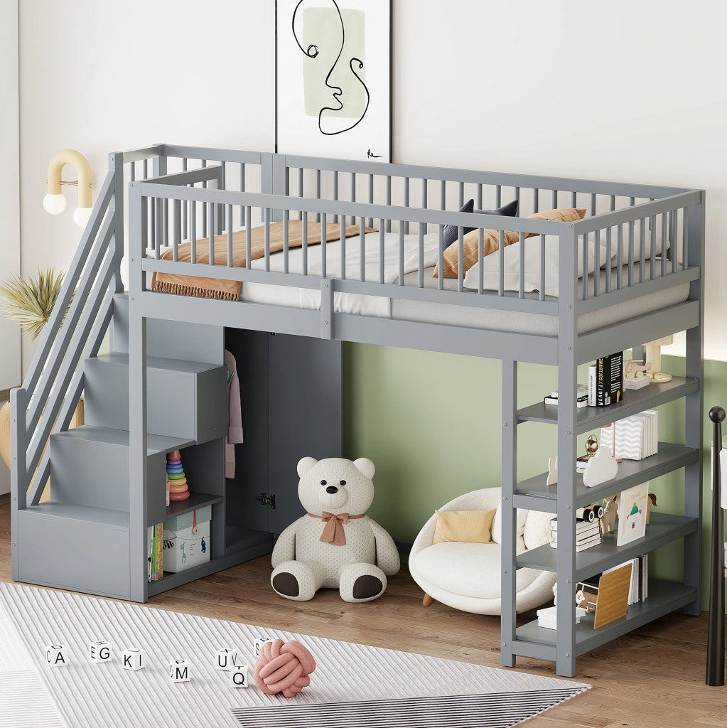 Letto a soppalco multifunzione con armadio, ripiani e scala di sicurezza