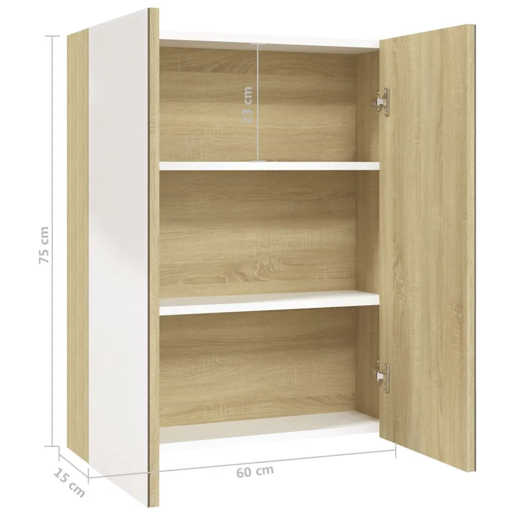 Armadietto a Specchio per Bagno 60x15x75 cm MDF Bianco e Rovere cod mxl 70986