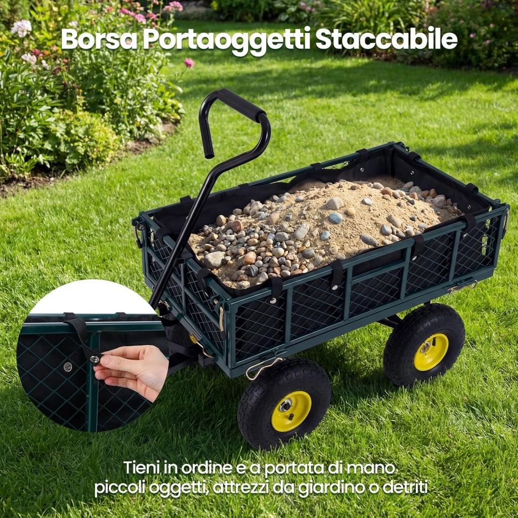 Carrello da Giardino in Metallo, Carretto a Mano con 4 Ruote Pneumatiche, Sponde Rete Rimovibili, Borsa Portaoggetti e Manico Regolabile, Portata 410 kg, per Giardinaggio, Trasporto e Fattoria