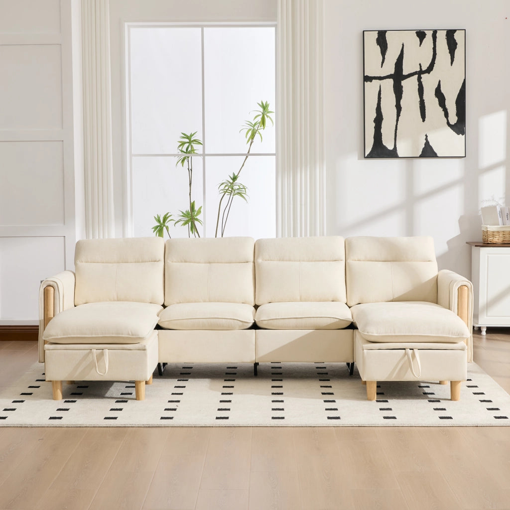 Divano modulare 4 posti 261x77x86 cm con 2 pouf contenitore in ciniglia beige