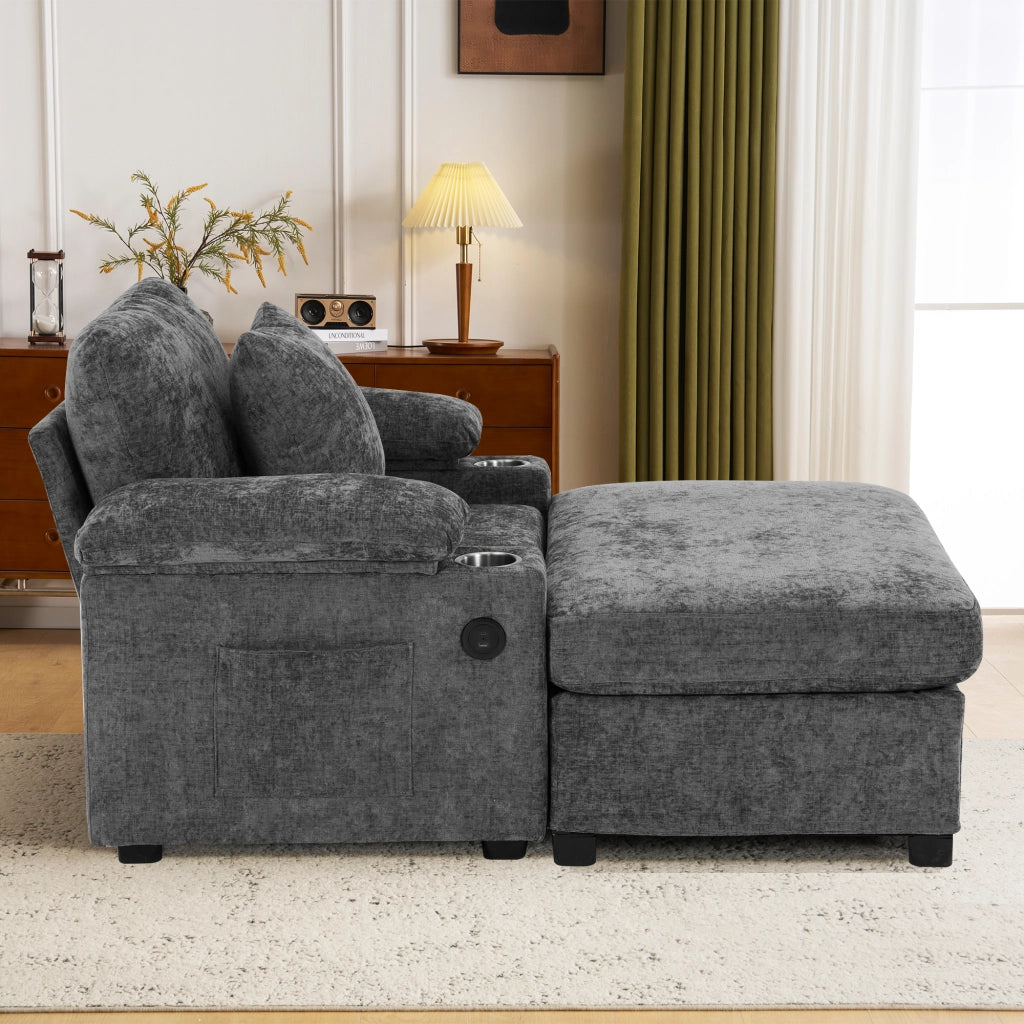 Fauteuil relax in ciniglia con portabicchieri, USB e tasche laterali, supporto ergonomico, grigio scuro