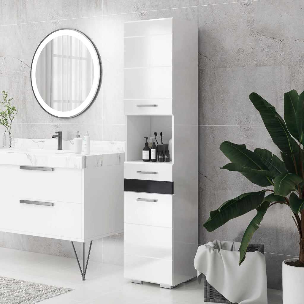 Colonna Bagno in MDF con Ripiano, Cassetto e Armadietto ¨C zephmum ¨C 37x32.5x170 cm, Bianco