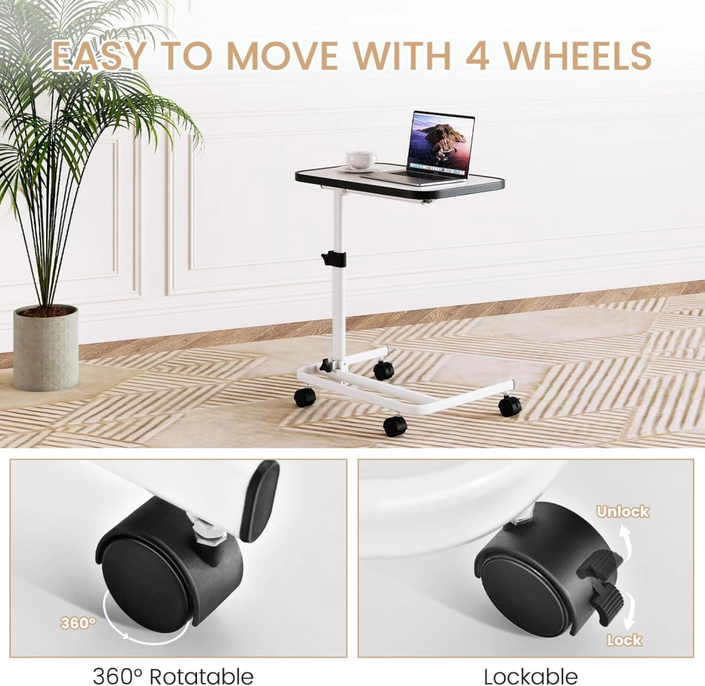 Tavolo da Letto con Ruote Universali, Tavolino Mobile a Forma di C, Comodino Mobile con Altezza Regolabile e Piano Inclinabile, per Camera da Letto e Ospedale