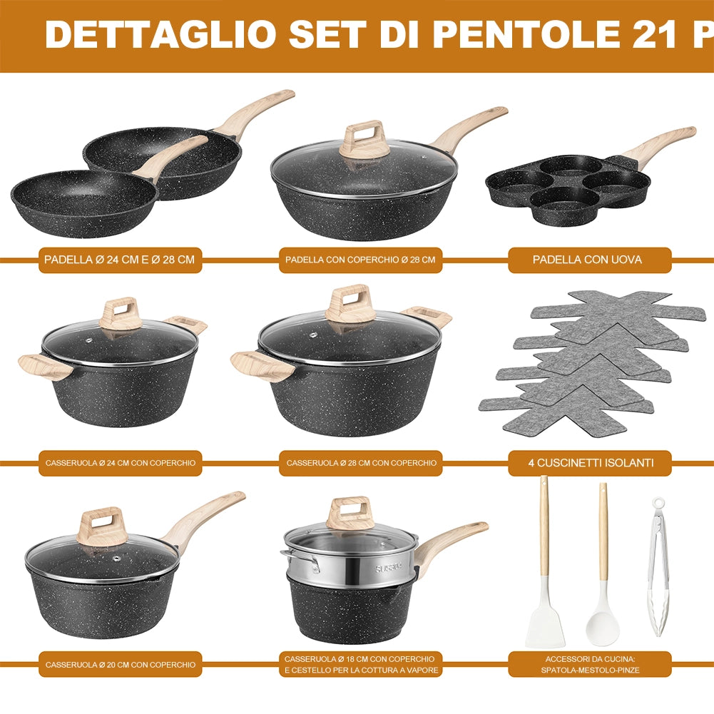 Batteria Pentole e Padelle 21 Pezzi Nero in Alluminio Pressofuso Antiaderente