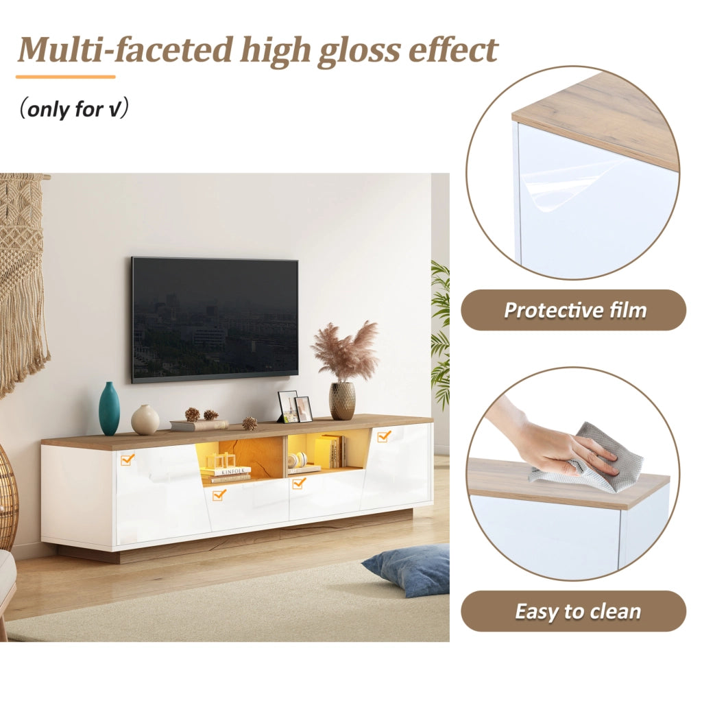 Mobile TV LED 180x40x46 cm bianco e legno con 2 ante e 2 cassetti