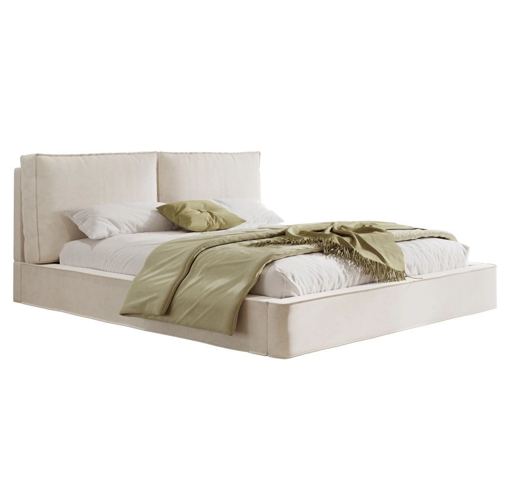 Letto imbottito 180x200 cm con testiera imbottita e rete in chenille beige