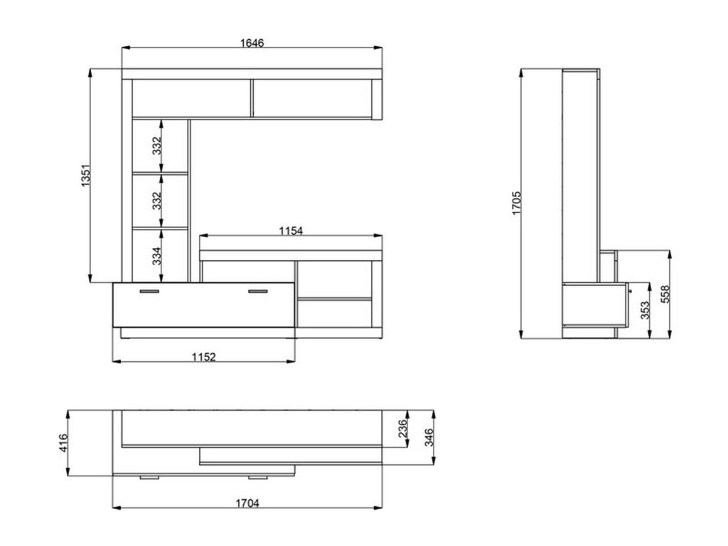 Mobile Soggiorno Moggio, Parete Attrezzata 7 Ripiani, 170.5x41.5x170.5h cm Bianco