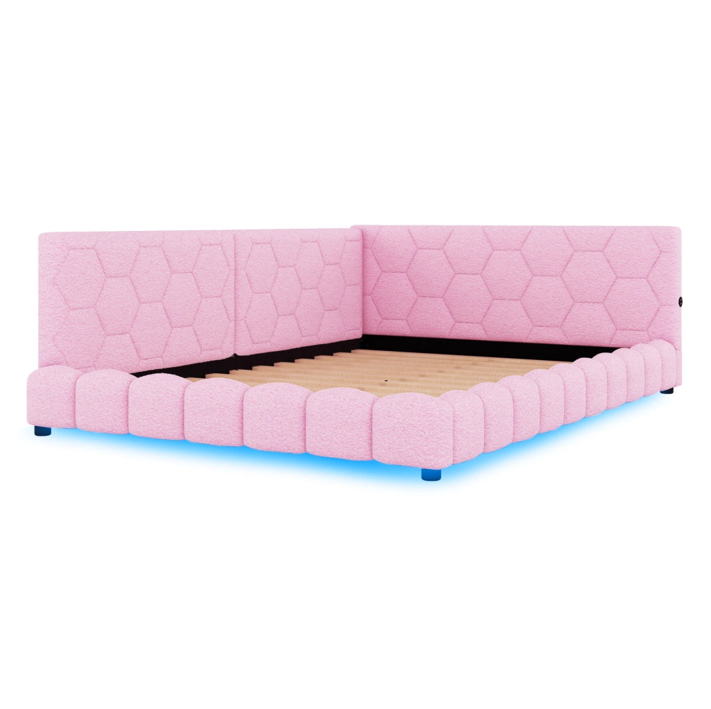Divano letto 140x200 cm con luci LED; velluto e MDF; rosa (Senza materasso)