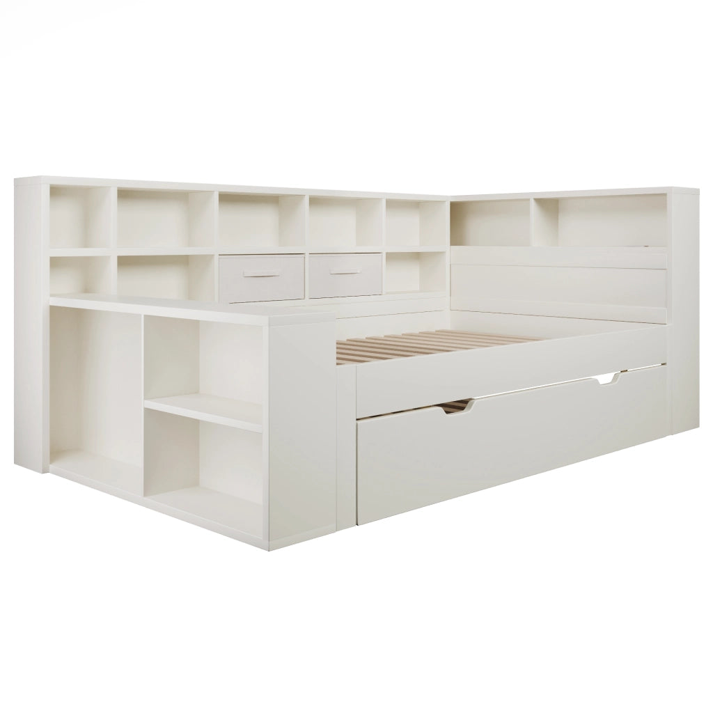 Letto estraibile matrimoniale 140×200 cm e 90×190 cm con 8 vani; USB e Type-C; senza materasso; legno; bianco