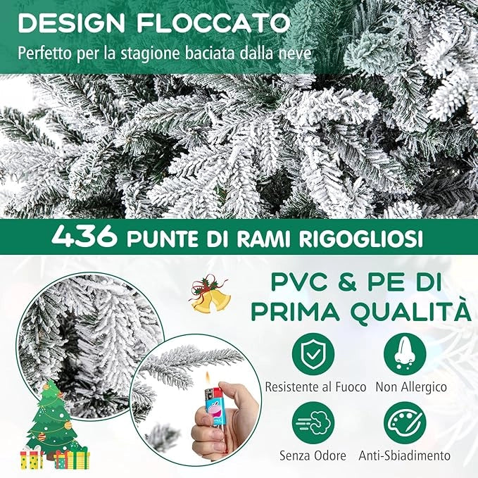 Albero di Natale Artificiale Innevato 147/186/210 CM, Albero di Natale con Cerniera e 8 Modalità luminose, 160/260/350 Luci LED Multicolori e 436/820 /1164 Punte di Ramo in PVC e PE (147 CM)