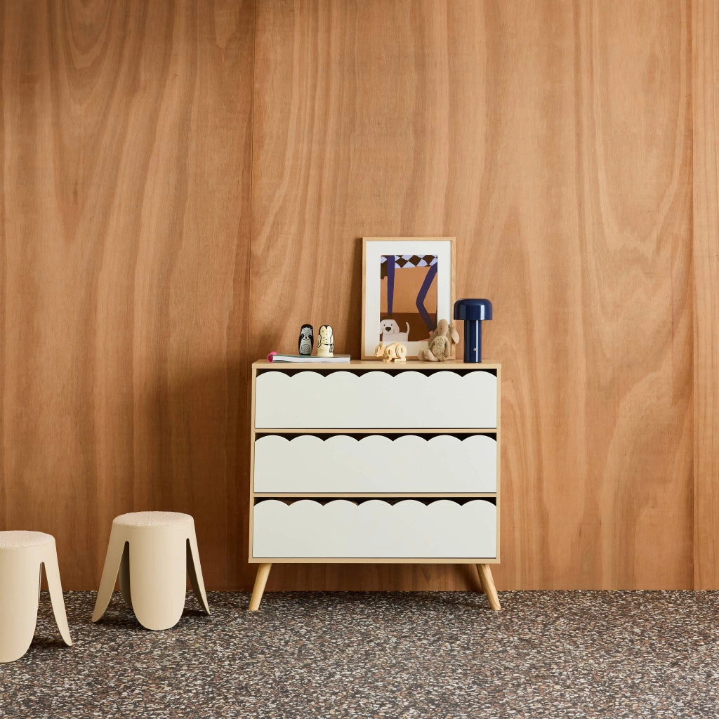 Cassettiera per bambini effetto legno 3 cassetti, bianco