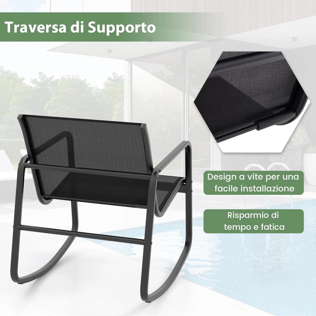 Set Bistrò 3 Pezzi, Sedie a Dondolo Ergonomiche in Textilene, Tavolino in Vetro Temperato, Struttura in Metallo, per Balcone, Giardino e Terrazzo (Nero)