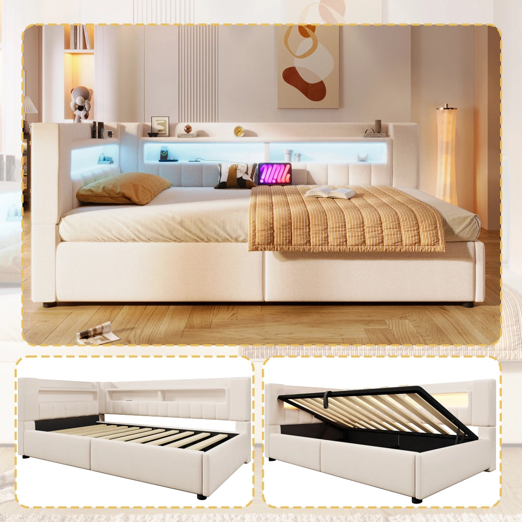 Letto divano contenitore 90x200 cm in lino beige con apertura idraulica; LED; USB e USB-C