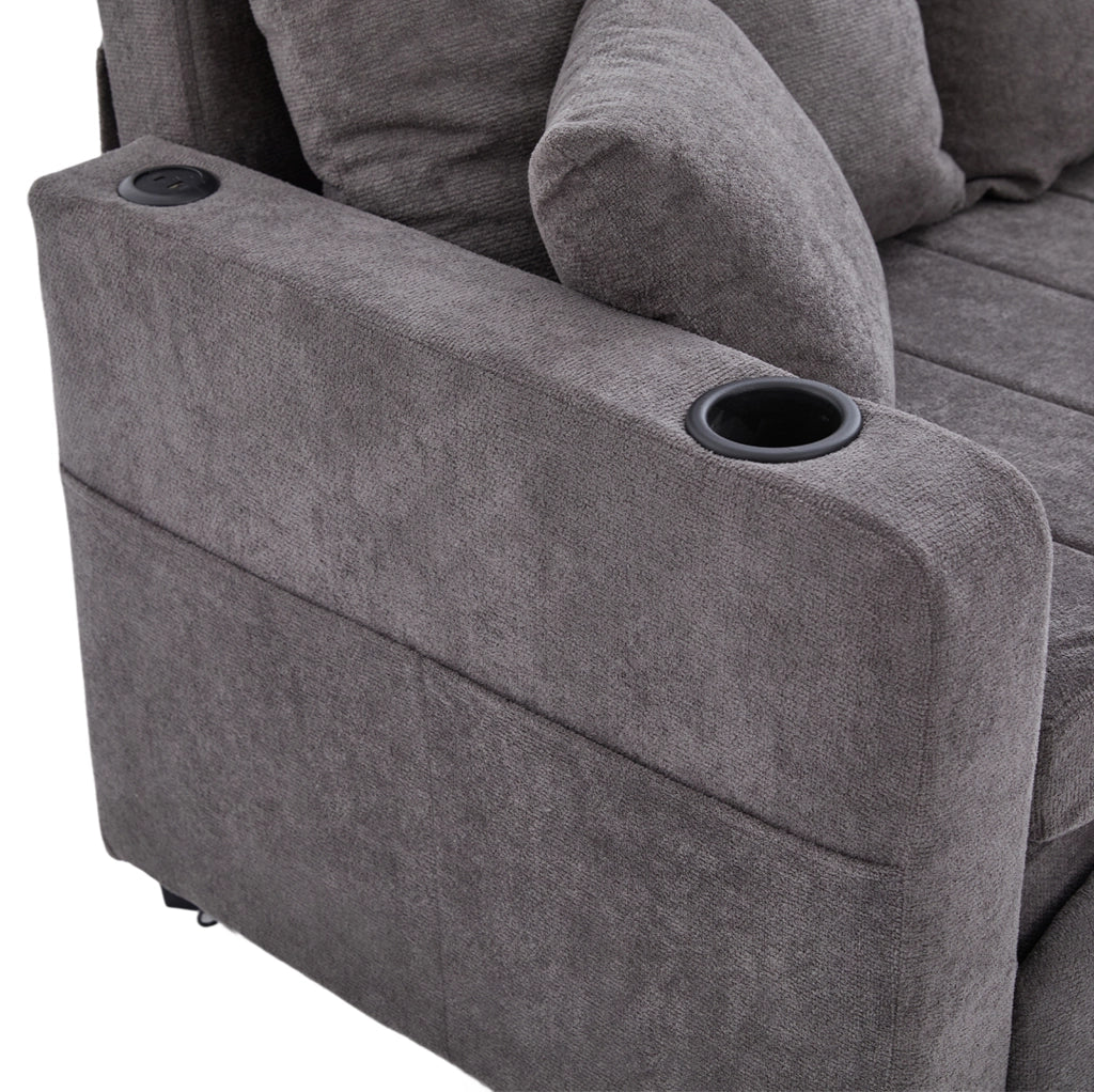 Divano letto in ciniglia grigia; 139 × 83 × 58 cm; con tasca portaoggetti e 4 cuscini