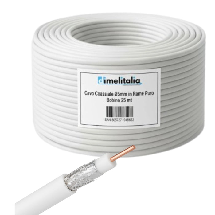 Bobina cavo tv Ø5 mm in rame puro 75 ohm da 25 metri per interni protetti