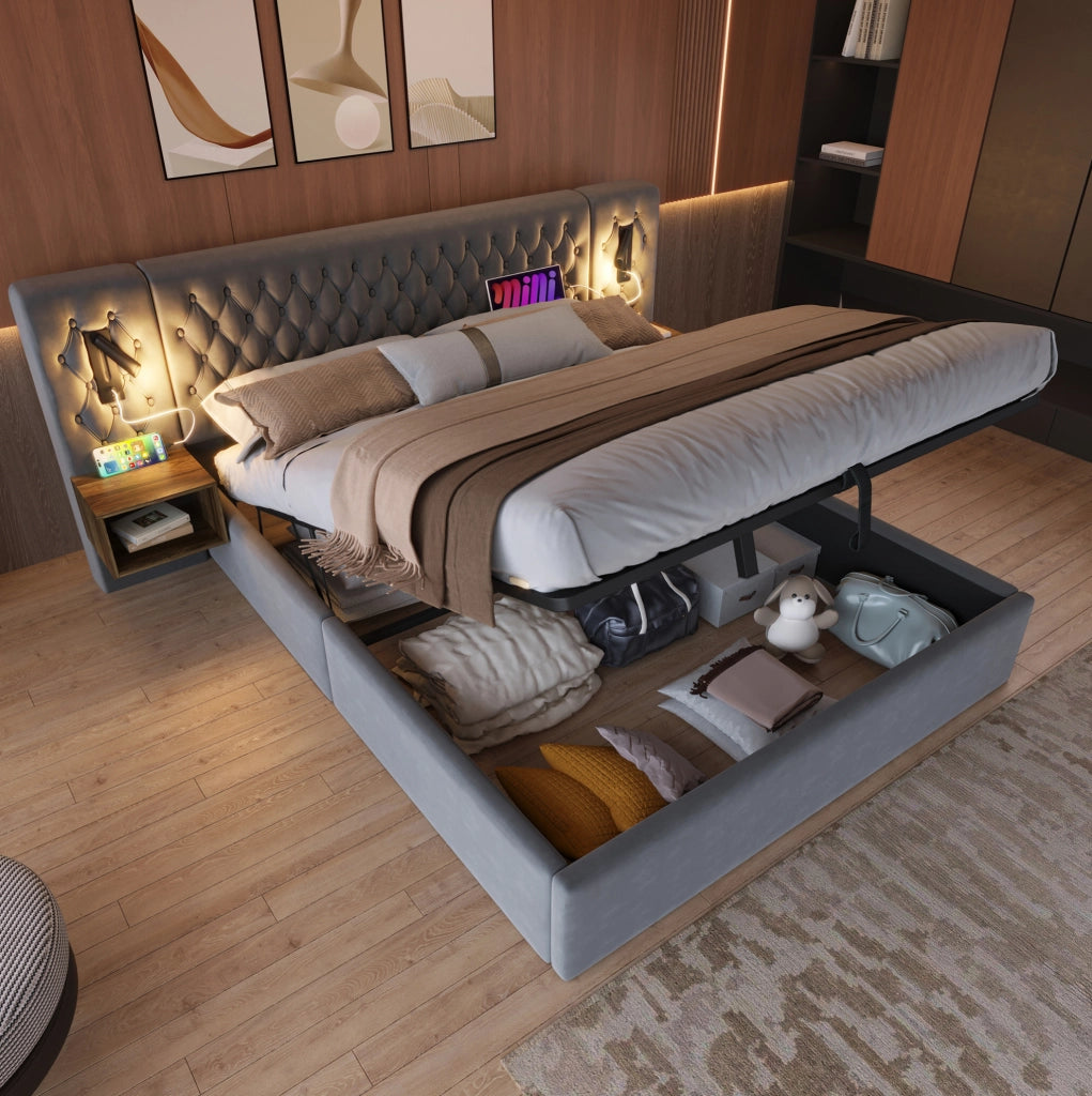 Letto matrimoniale 180x200 cm in velluto grigio con contenitore idraulico; 2 comodini e luci lettura