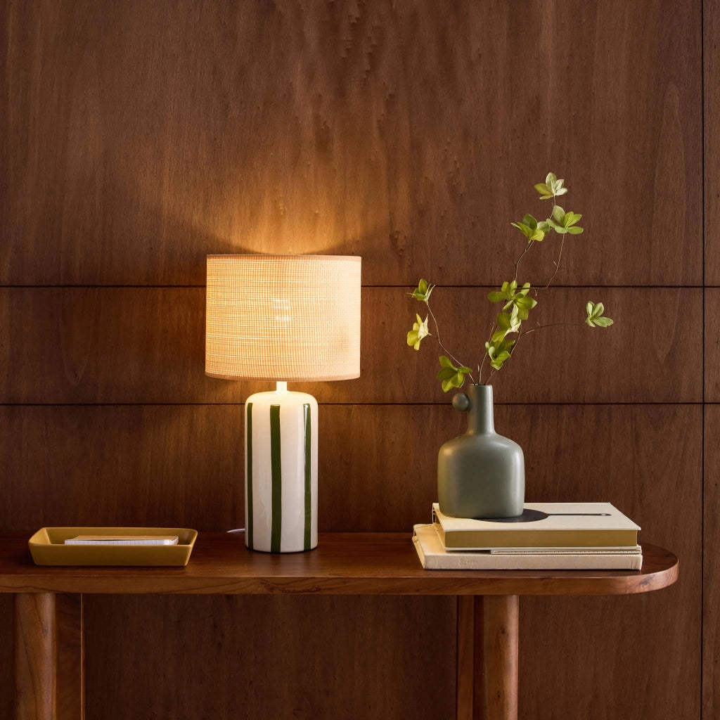 Lampada da tavolo in ceramica per interni con effetto rattan, 44cm,