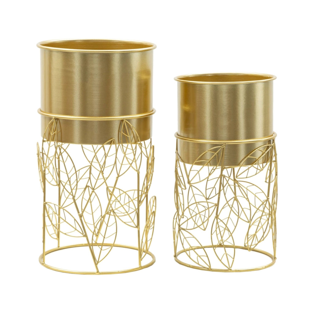 Set di 2 portavasi Godego, Complemento d'arredo, Articolo decorativo, Accessorio d'arredo, 23x23 h43 cm, Oro