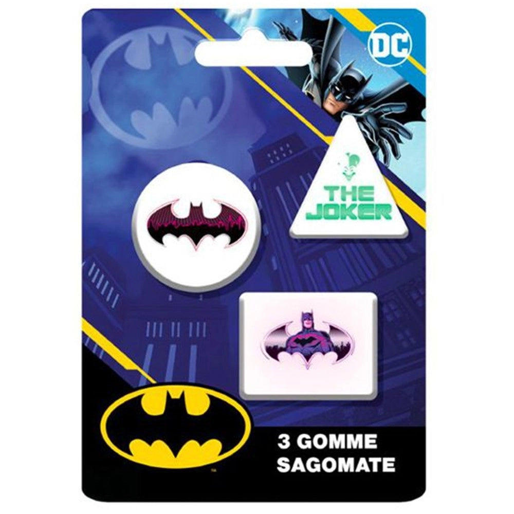 Trade Shop - Kit Gomme Per Cancellare 3pz Sagomate Tema Batman Cancelleria Per Bambini Scuola 952257 -