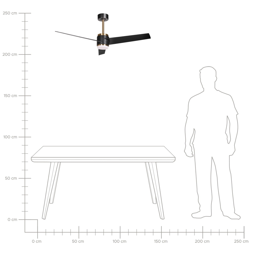 Ventilatore da soffitto a LED con base in metallo nero, pale sintetiche, timer, 3 modalità di temperatura e telecomando