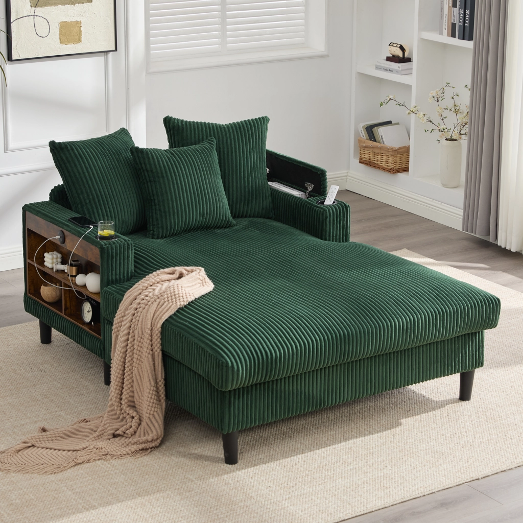 Divano Angolare in Velluto a Coste con Chaise Longue ¨C MINIMAL ¨C con LED, USB, Contenitore, Portabicchieri
