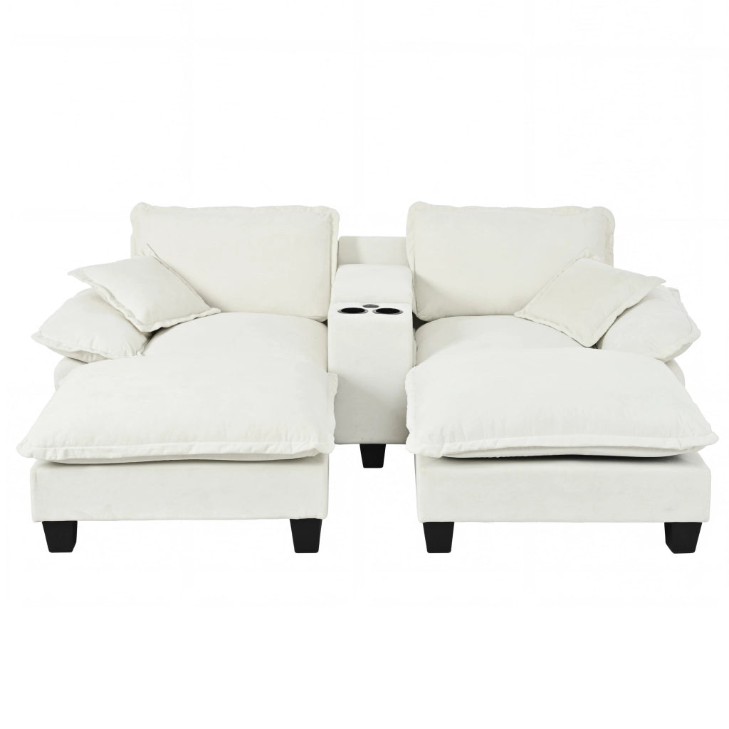 Divano modulare con contenitore; USB e portabicchieri con 2 pouf e 2 cuscini in chenille beige