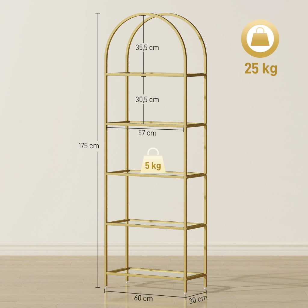 Libreria a 5 livelli in vetro arcuata ¨C zephmum ¨C dorato 60x30x175 cm